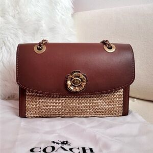 Coach Tan Leather and Woven Shoulder Bag Floral Turnlock - New